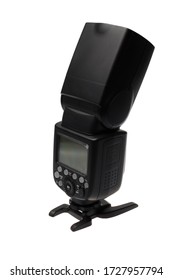 Side back view of a DSLR camera speedlite flash on its stand, isolated on white background