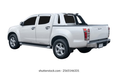 Side and back view of white pickup truck is isolated on white background with clipping path.