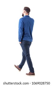 Side Back View Of Young Smart Casual Business Man Talk On The Cellphone Walking Away. Full Body Isolated On White Background.