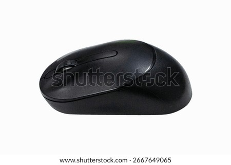 Side of Black wireless computer mouse isolated on white background. Technology equipment used with computers to cover keyboard and computer systems.