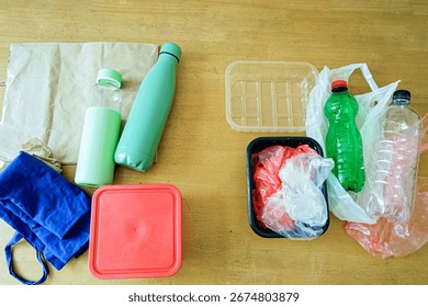 Side by side display of single-use packaging and reusable items. Strong message about environmental impact of daily choices. Climate awareness, waste reduction and sustainable lifestyle solutions