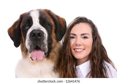 Side By Side Portrait Of A Saint Bernard And Pretty Owner.