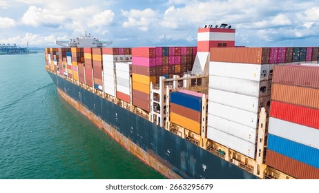 Side Cargo Container ship the ocean ship carrying container and running for import export concept technology freight shipping by ship. Container Vessel running out from international customs.