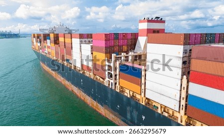 Side Cargo Container ship the ocean ship carrying container and running for import export concept technology freight shipping by ship. Container Vessel running out from international customs.