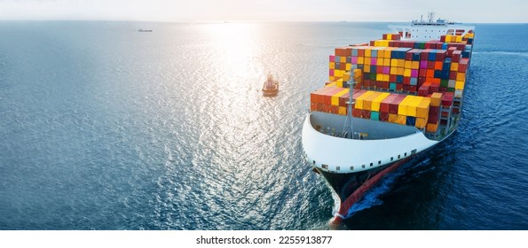 Side of cargo ship carrying container and running for export goods from cargo yard port to custom ocean concept technology transportation , customs clearance. Freight Forwarding Service