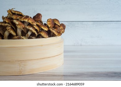 Side Of Cinnamon Cap Mushroom In Bamboo Bowl On Dark Wooden And Shiplap Surface