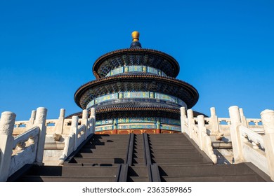 A side close up view on the Temple of Heaven, Beijing, China. Blue sky with copy space for text