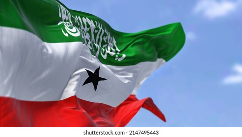 Side Close-up View Of Somaliland National Flag Waving In The Wind. In The Background There Is A Clear Sky. Patriotism And Pride. Unrecognized State Located In The Horn Of Africa. Selective Focus