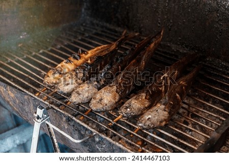 Side dish street food of thailand. Catfish grilled on a charcoal grill original recipe in the local market.