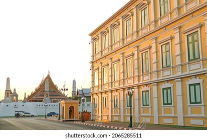 The Side Facade of The Ministry of Defence Headquarters with The Temple of the Emerald Buddha on the Opposite, Historic Place in Bangkok, Thailand
