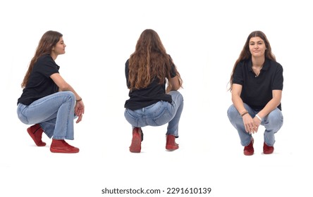 side, front and back view same young girl long-haired squatting on white background