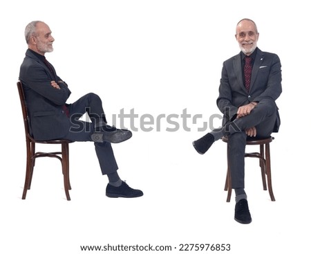 side and front of same man sitting on chair  with tie on white background
