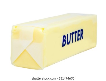 Side, Front And Top Views Of Wrapped Stick Of Butter With Blue Lettering. Isolated. Horizontal.