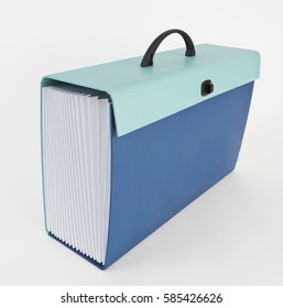 Side And Front View Of Two-toned Blue Accordion Documents Folder. Isolated.