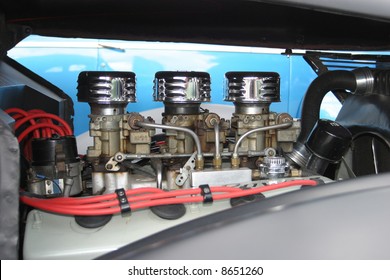 Side Of Hemi Engine With Distributor And Three Carburetors