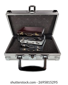 Side hustle kit with a stack of briefcases in an open metal case
