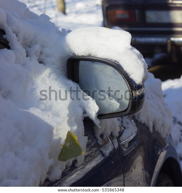 Side mirror of the\
car in the snow. Fragment of the car with side doors, mirror\
covered with snow.  Sunny\
day.