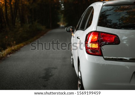 Side mirror turn signal (blinker). Turn indicator on the mirror (left) and white car on the road in autumn dark forest. Illuminated car standing on the edge of the way in forest - natural sunlight.
