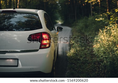 Side mirror turn signal (blinker). Turn indicator on the mirror (right) and white car on the road in autumn dark forest. Illuminated car standing on the edge of the way in forest - natural sunlight.