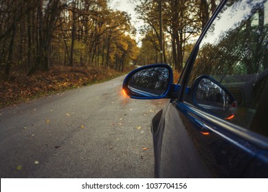 Side Mirror Turn Signal. Turn Indicator On The Mirror (left) And Blue Car On The Road In Autumn Forest.  Car Stands On The Edge Of The Road In Forest.