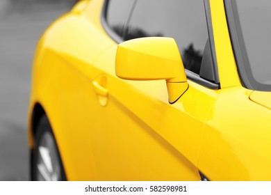 Side Mirror Of Yellow Car, Closeup