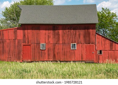 Side Of Old Red Barn In Rural Illinois.