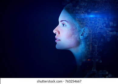 Side Portrait Of Attractive Young Woman On Digital Blue Background With Tech Pattern And Copy Space. Innovation And Robotics Concept. Double Exposure 