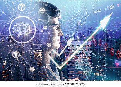 Side Portrait Of Businessman With Polygonal Brain On Abstract Forex Background. Artificial Intelligence And Finance Concept. Double Exposure 