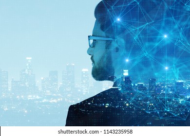 Side portrait of handsome young businessman on abstract night city background with copy space and polygonal network. Double exposure 
