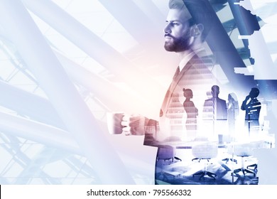 Side portrait of handsome young businessman drinking coffee on abstract white night city background with copy space. Leisure and work concept. Double exposure  - Powered by Shutterstock