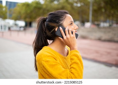 Side Portrait Happy Young Woman Talking With Cellphone Outdoor