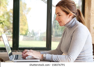 Side portrait view of a smiling professional woman typing on her laptop computer, sitting at a wooden table near large glass window and a green garden during a sunny day, interior. - Powered by Shutterstock