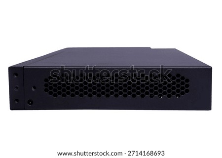 The side profile of a black network switch or server casing, featuring a large honeycomb ventilation cooling grille. Represents essential technology, data flow, and IT infrastructure