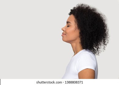 Side Profile Face Mixed Race Woman Isolated On Grey Background Standing Aside, Female Closed Eyes Smiling Enjoying Fresh Air Or Dreaming About Good Future Feels Satisfied And Tranquil, Concept Image