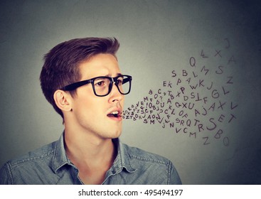 Side Profile Man Talking With Alphabet Letters Coming Out Of His Mouth. Communication, Information, Intelligence Concept