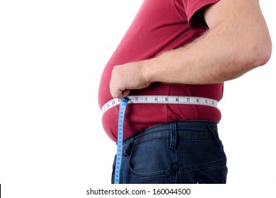 Side Profile Of An Over Weight Man Measuring Stomach