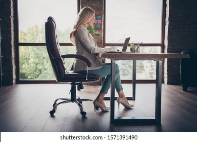 Side profile photo of pondering pensive business lady in heeled shoes staring into screen of laptop in search of necessary information - Shutterstock ID 1571391490