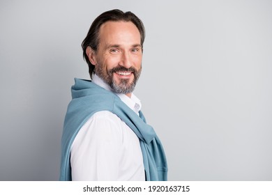 Side Profile Photo Portrait Confident Businessman Smiling In Stylish Outfit Isolated Pastel Grey Color Background