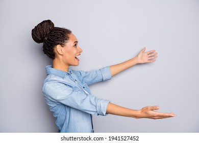 Side Profile Photo Portrait Girl With Braids Looking Copyspace Missing Friend Hugging Catching Isolated On Grey Color Background