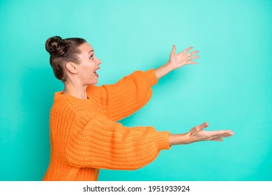 Side Profile Photo Portrait Girl With Opened Hands Missing Friends Meeting Isolated Bright Teal Color Background