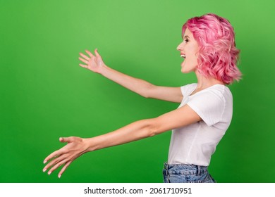 Side Profile Photo Portrait Woman With Bob Hairstyle Opened Hands Missing Friend Embracing Isolated Vibrant Green Color Background Copyspace