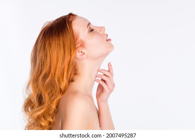 Side Profile Photo Portrait Of Young Woman With Wavy Red Hair Tender Dreamy Touching Neck Isolated White Color Background Copyspace