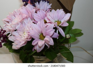 Side Profile Photo From Vibrant Flowers In Front Of A White Background, Behind Of A Bouquet Of Pink Roses, Pink Chrysanthemums, Purple Lavenders