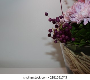 Side Profile Photo From Vibrant Flowers In Front Of A White Background, Behind Of A Bouquet Of Pink Roses, Pink Chrysanthemums, Purple Lavenders