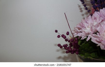 Side Profile Photo From Vibrant Flowers In Front Of A White Background, Behind Of A Bouquet Of Pink Roses, Pink Chrysanthemums, Purple Lavenders