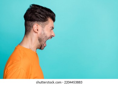 Side Profile Photo Of Young Funny Impressed Unhappy Agressive Bearded Guy Look Empty Space Boss Scream No Isolated On Aquamarine Color Background