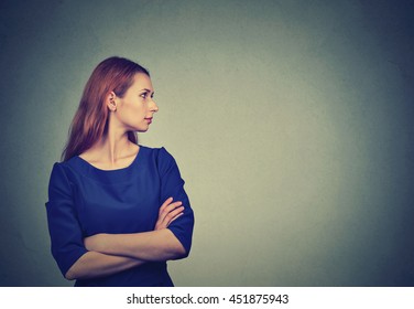 Side Profile Portrait Of Elegantly Dressed Young Brunette Woman Isolated On Gray Wall Background With Blank Copy Space 