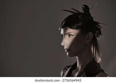 Side profile portrait emphasizing creative avant garde hairstyle and professional hair styling. Editorial beauty concept with dramatic studio lighting.