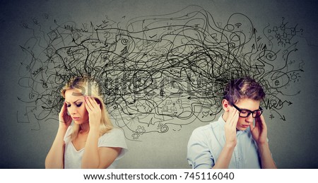 Side profile of preoccupied anxious couple woman and man looking away from each other exchanging with many negative thoughts