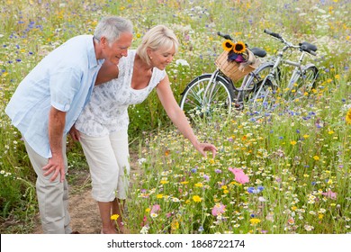 A Side Profile Shot Of A Happy Senior Couple Standing And Looking At Flowers On A Path Through Field Of Wildflowers With Bicycles In Background.